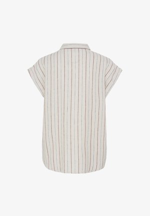 Bluză cu mâneci scurte și guler, cu dungi verticale subțiri maro și albastre pe un fundal alb, văzută din spate.