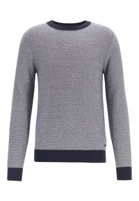 Grå stickad tröja med ett strukturerat mönster, rund marinblå halsringning och marinblå ribbade ärmslut och nederkant. Enfärgad, lång ärmad.