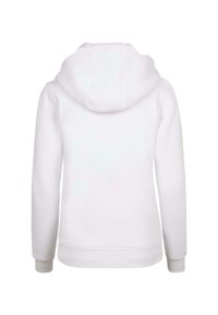 Felpa bianca con cappuccio, caratterizzata da una texture morbida, maniche lunghe e una tasca a marsupio. Il design presenta uno stile semplice e minimalista.