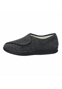 Gray felt slipper with black rubber sole, rounded toe, and contrast trim. Soft interior lining provides comfort. Simple, minimalist design.