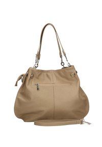 Borsa a mano in pelle beige con due spallacci, forma arrotondata, comparto con cerniera e dettagli di cuciture sottili.