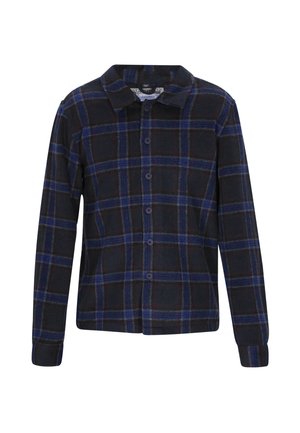 Cămașă cu mânecă lungă, tip tartan, cu închidere cu butoni în față, guler rotunjit și un design cu carouri albastre, negre și roșii pe un material moale.