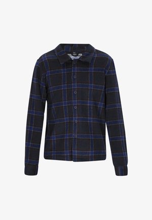 Cămașă cu mânecă lungă, tip tartan, cu închidere cu butoni în față, guler rotunjit și un design cu carouri albastre, negre și roșii pe un material moale.