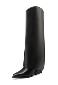 Stivale alto in pelle nera con un gambale lungo e strutturato e punta affusolata. Caratterizzato da un tacco basso a blocco e una texture liscia e opaca.