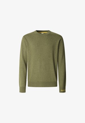 oliwkowy sweter wykonany z miękkiego dzianinowego materiału. Posiada okrągły dekolt oraz ściągacze z ribbinu z żółtymi akcentami na rękawie.