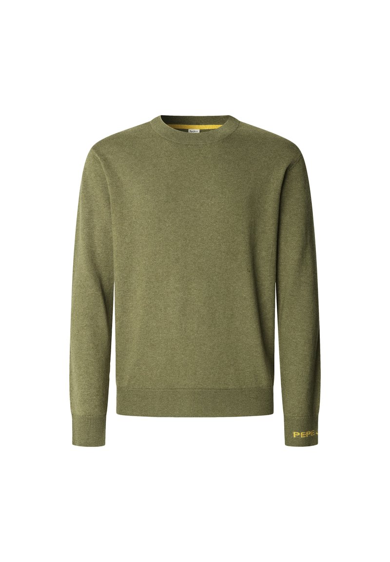 Maglione verde oliva realizzato in morbido tessuto knit. Presenta un collo a girocollo e polsini a coste con dettagli in giallo sulla manica.