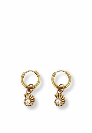 Gold hoop earrings with small scallop shell charms, each featuring a white pearl detail in the center, on a white background.