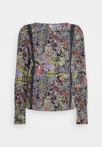 Blusa floral em azul marinho escuro com uma estampa multicolorida de flores. Mangas longas, gola redonda e detalhes intrincados em rendas nas laterais.