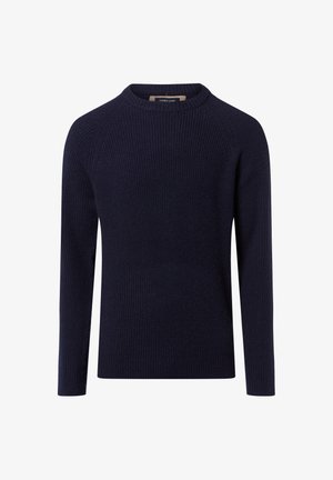 Dunkelblaues, gestreiftes Strickpullover mit langen Ärmeln und Rundhalsausschnitt. Hat eine figurbetonte Passform und strukturierter Stoff. Etikett auf der Rückseite sichtbar.