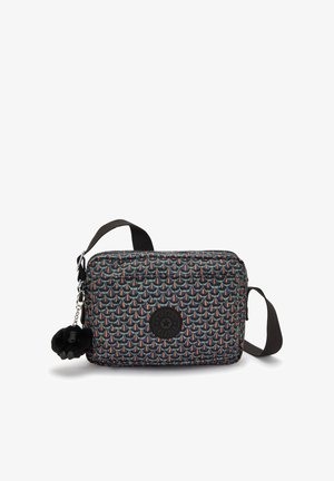 Borsa rettangolare realizzata in tessuto a fantasia con colori scuri e accenti multicolori. Presenta una tracolla e un portachiavi decorativo.