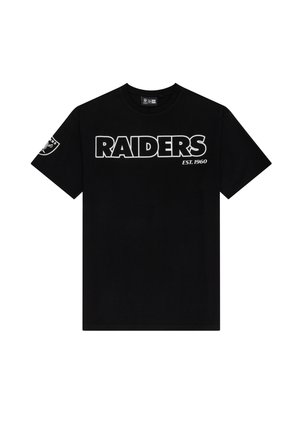 Black cotton T-shirt featuring "RAIDERS" in bold white text, with "EST. 1960" underneath. Left sleeve displays the team logo. Classic crew neck design.