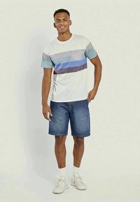 Majica s kratkimi rokavi in okroglo odprtino v beli barvi z vodoravnimi modrimi in sivimi črtami, kombinirana z jeans kratkimi hlačami. Model stoji z rokami ob straneh.