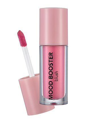 Pink liquid blush with applicator wand and soft pink cap, labeled "Mood Booster blush."