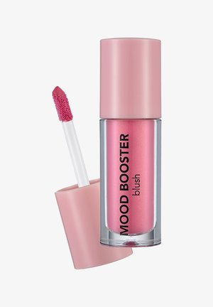 Pink liquid blush with applicator wand and soft pink cap, labeled "Mood Booster blush."