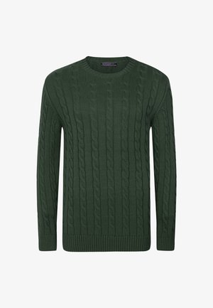 Zielony sweter o splocie warkoczowym z okrągłym dekoltem, teksturowanym wzorem oraz ściągaczami przy rękawach i u dołu. Wykonany z miękkiego, ciepłego materiału.