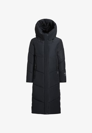 Caban lung negru tip puffer, cu guler înalt, cusături în formă de V, buzunare cu fermoar și închidere cu capse în partea de jos. Material neted, izolat.