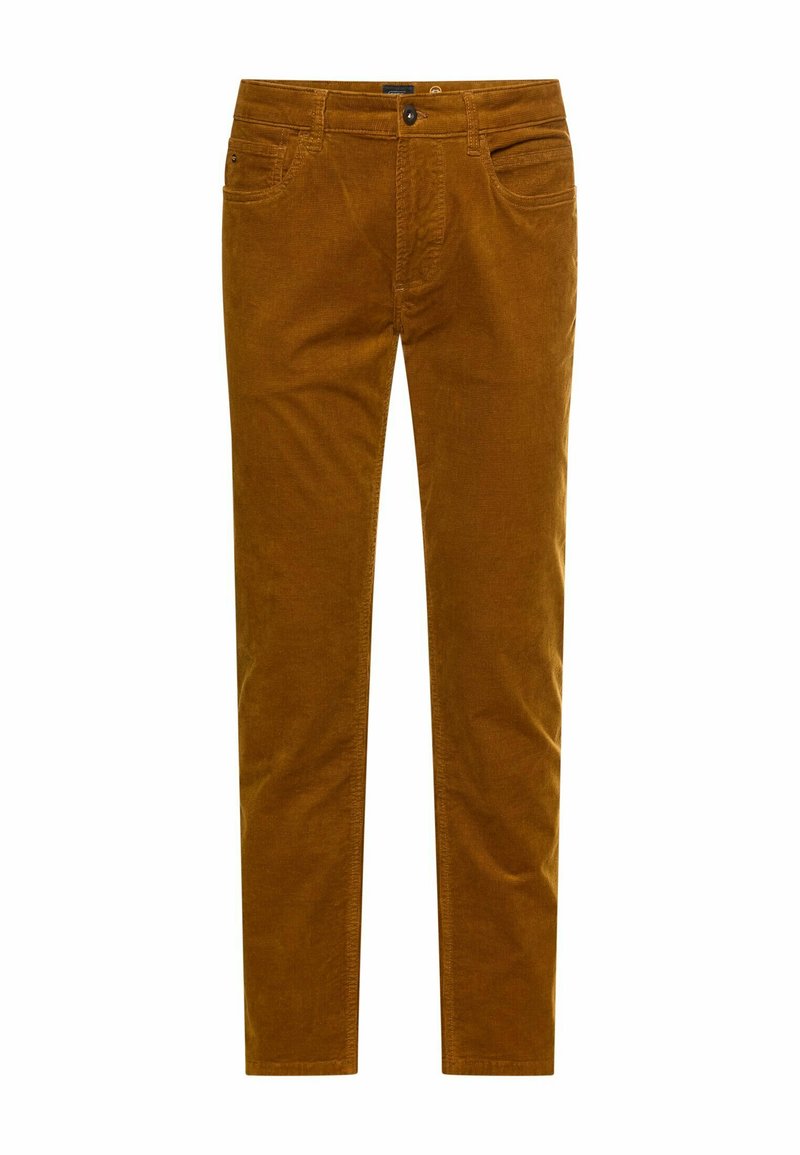 Bruine corduroy broek met een slim fit, voorzien van vijf zakken, een sluiting met een knoop aan de voorkant en een kenmerkende geribbelde structuur door het hele kledingstuk.