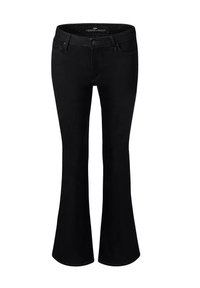 Czarne dżinsy w kształcie dzwonów, wykonane z denimu, wyposażone w zapięcie na guzik, szlufki na pasek oraz przednie kieszenie, o gładkiej fakturze i klasycznym wzornictwie.