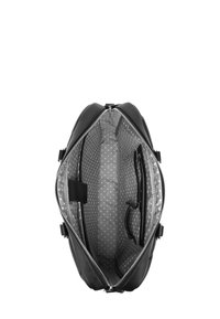 Schwarze Lederhandtasche mit Reißverschluss, ausgestattet mit einem grauen gepunkteten Innenfutter, mehreren Fächern und einem strukturierten Design.