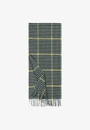 Black and white houndstooth scarf with yellow accent lines, finished with frayed edges, made of soft fabric, rectangular shape.