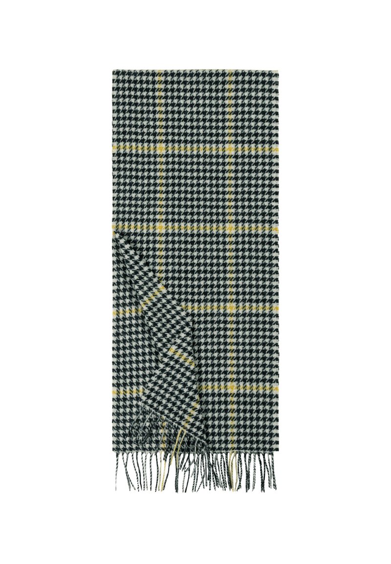 Black and white houndstooth scarf with yellow accent lines, finished with frayed edges, made of soft fabric, rectangular shape.