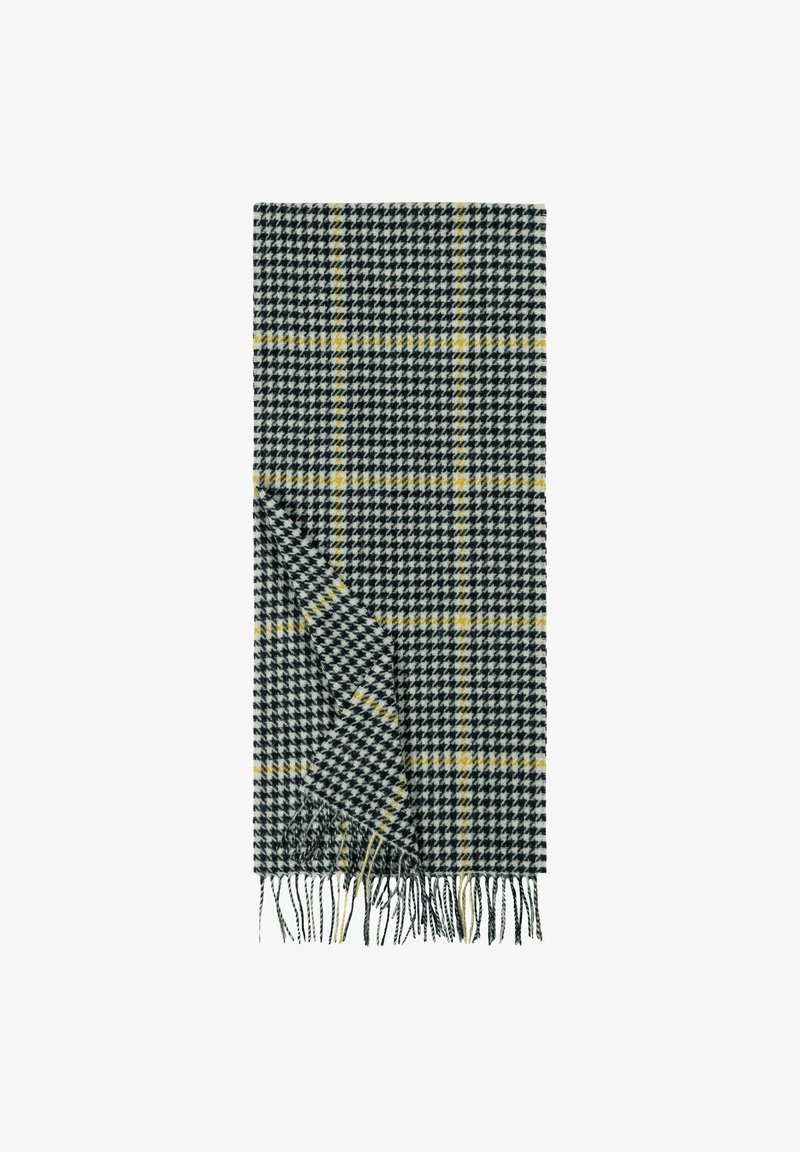 Black and white houndstooth scarf with yellow accent lines, finished with frayed edges, made of soft fabric, rectangular shape.