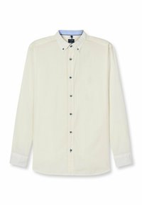 Helles Cremefarbenes Langarmhemd mit einem Button-Down-Kragen, blauem innerem Kragenakzent und fünf dunklen Knöpfen auf der Vorderseite. Glatte Stofftextur.