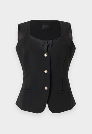 Gilet nero senza maniche da donna con tre bottoni dorati, due tasche frontali a fessura e scollatura quadrata di Guess.