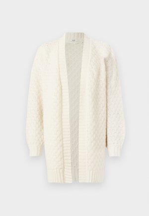 Crèmekleurige gebreide cardigan met open voorkant, lange mouwen, geribbelde manchetten en zoom, met een gemêleerd patroon over het geheel.
