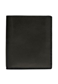 Zwarte leren portemonnee met een gestructureerde afwerking, met een eenvoudige rechthoekige vorm en bovenstiksels aan de randen. Geen zichtbare hardware of accenten.