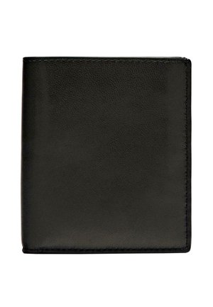 Schwarze Lederbörse mit strukturiertem Finish, die eine schlichte rechteckige Form und oben genähte Kanten aufweist. Keine sichtbaren Beschläge oder Akzente.