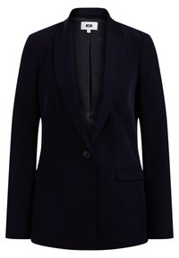 Marinblå skräddarsydd kavaj, enknäpps stängning, slagkrage, två framfickor, slätt tyg, ofodrad insida, minimalistisk design.