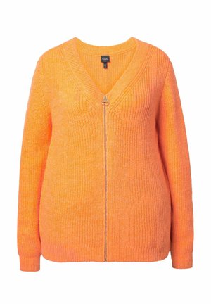 Oranssi neulecardigan, jossa on V-pääntie, pitkät hihat ja etuvetoketju. Tekstuuri kangas ja ribbauslahkeet tuovat lisätietoa suunnitteluun.