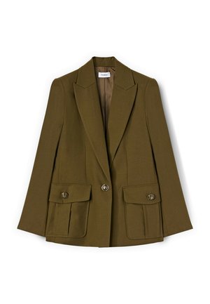 Olivgrüner Blazer mit zwei Fronttaschen, einer einfarbigen Knopfschließe und tailliertem Schnitt. Verfügt über scharfe Revers und eine glatte Textur.