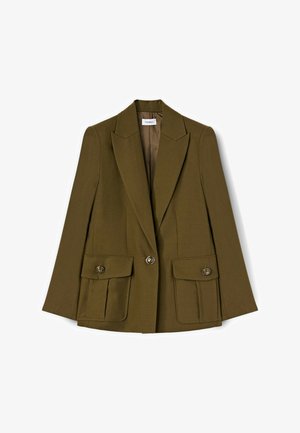 Olivgrüner Blazer mit zwei Fronttaschen, einer einfarbigen Knopfschließe und tailliertem Schnitt. Verfügt über scharfe Revers und eine glatte Textur.