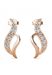 Orecchini in oro rosa con un design a spirale, caratterizzati da una fila di cristalli trasparenti e accenti circolari lungo un lato.