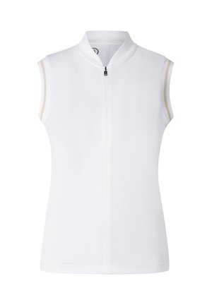 White sleeveless polo shirt with a short front zipper and subtle beige stripes on the armholes.