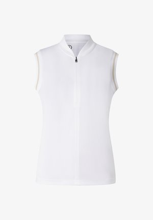White sleeveless polo shirt with a short front zipper and subtle beige stripes on the armholes.