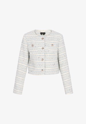 Jasnoniebieska krótka kurtka z tweedu w kratę, ozdobiona srebrnymi guzikami i okrągłym dekoltem. Długie rękawy, teksturowana tkanina.