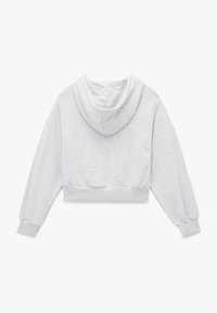 Felpa grigia accorciata con cappuccio, materiale in cotone morbido, maniche lunghe e polsini a coste. Design semplice senza ulteriori modelli o accenti.