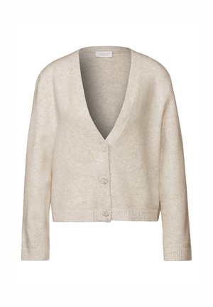 Cardigan beige lavorato a maglia con scollatura a V profonda, quattro bottoni sul davanti e polsini a coste. Tessuto morbido e design corto.