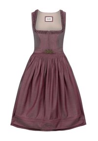 Traditionelles Kleid mit tailliertem Oberteil, breiten Trägern und vollem Rock. Hergestellt aus strukturiertem Stoff in einem gedämpften Burgunderrot, ausgestattet mit einer floralen Brosche.
