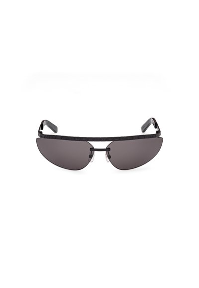Black sunglasses with a unique geometric design, featuring dark lenses, straight arms, and a textured bridge. The frame is slim and minimalistic.