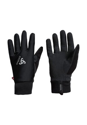 Pair of black winter gloves with branded logo on back, textured grip on palms, and ribbed wrist cuffs labeled "WARM."