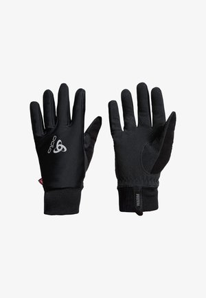 Paar schwarze Winterhandschuhe mit Markenlogo auf der Rückseite, strukturiertem Griff auf den Handflächen und gerippten Handgelenkbündchen mit der Aufschrift "WARM".