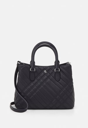 Black leather handbag with quilted pattern, two top handles, detachable shoulder strap, and small silver RLL logo on front center.