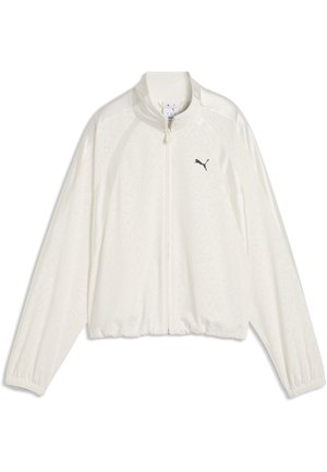 Weiße Jacke mit durchgehendem Reißverschluss, langen Ärmeln, elastischen Bündchen und Saum, Stehkragen und kleinem schwarzem Puma-Logo auf der linken Brust.