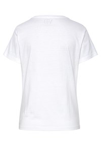 Weißes Baumwoll-T-Shirt mit kurzen Ärmeln, klassischem Rundhalsausschnitt und kleinem geprägtem Logo auf der Rückseite. Glatte Textur und normale Passform.