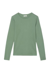 Pitkähihaista paitaa pehmeää, vaaleaa vihreää puuvillaa, jossa on pyöreä kaula-aukko ja istuva siluetti ilman näkyviä kuvioita tai yksityiskohtia.