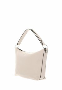 Sac à main en cuir beige clair, lisse, avec des finitions noires, de forme arrondie, à bandoulière unique et fermeture zippée. Accents de logo en argent.
